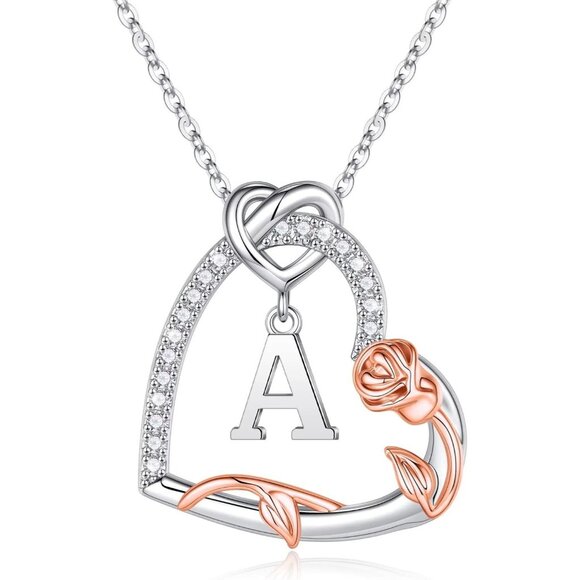Elegant Rose Heart Initial Necklace for Women - Sterling...